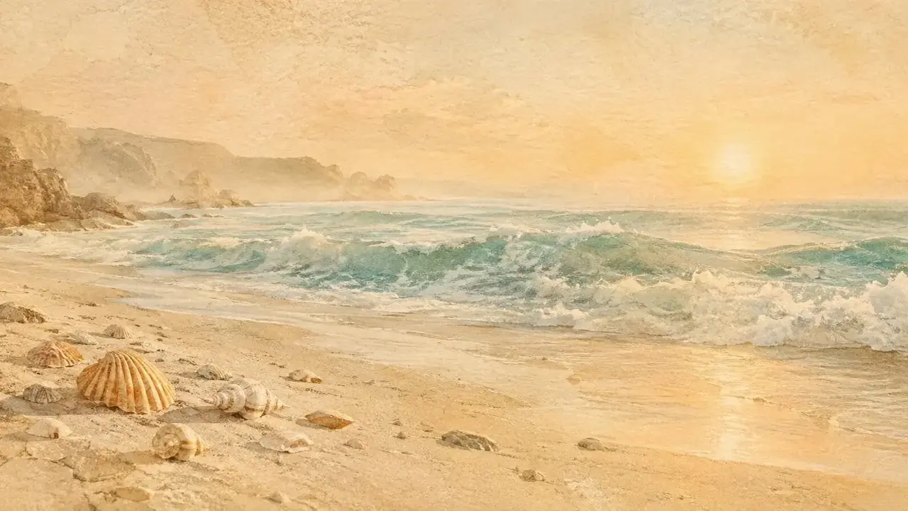 手绘纸感海岸插画:暖阳洒在散落贝壳的沙滩上,薄雾青海浪轻轻涌动