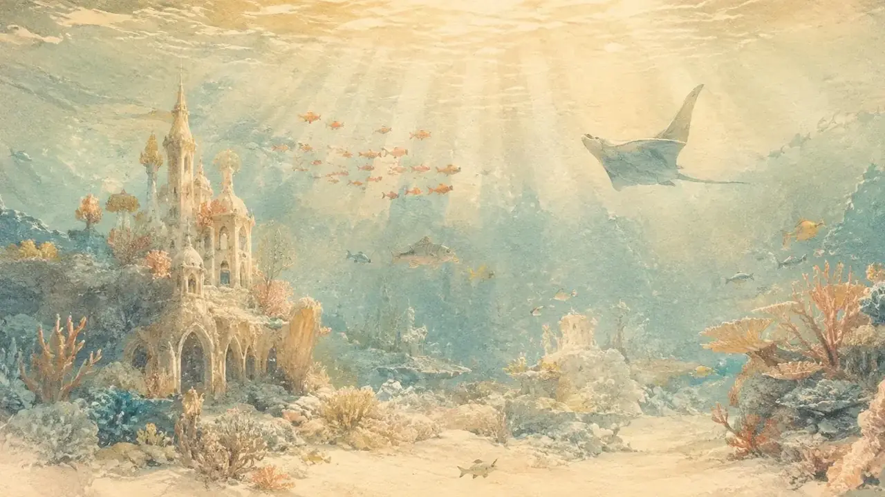 手绘纸感插画:浅海中的梦幻珊瑚王国,暖金光束穿透水面,奶油白与薄雾青交织